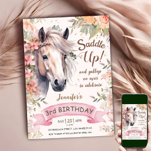 Pferd 3. Geburtstag Mädchen Wilde Florale Sattel A Einladung