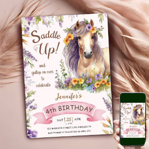 Pferd 4. Geburtstag Mädchen Lila Floral Sattel Auf Einladung