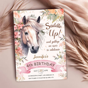 Pferd 4. Geburtstag Mädchen Wilde Florale Sattel a Einladung