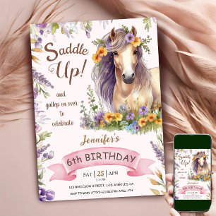 Pferd 6. Geburtstag Mädchen Lila Floral Sattel Auf Einladung