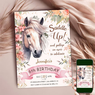 Pferd 6. Geburtstag Mädchen Wilde Florale Sattel A Einladung
