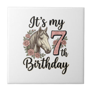 Pferd 7. Geburtstag Mädchen Floral Vintage-Shirt-D Fliese