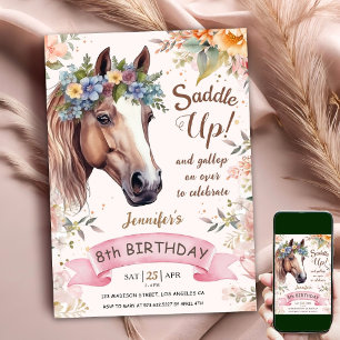 Pferd 8. Geburtstag Floral CowGirl Sattel hoch Einladung