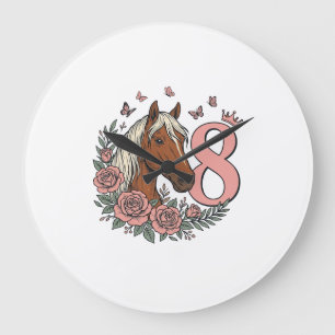 Pferd 8. Geburtstag Florales Vintage-Gravurdesign Große Wanduhr