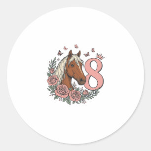 Pferd 8. Geburtstag Florales Vintage-Gravurdesign Runder Aufkleber