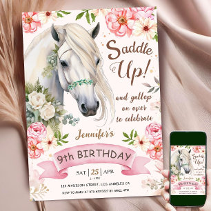 Pferd 9. Geburtstag Girl Pink Blume satteln Einladung