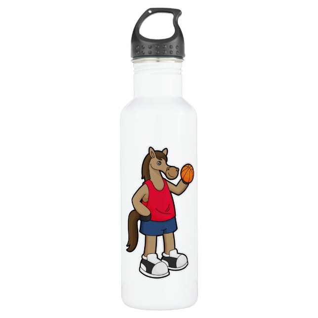 Pferd als Basketballspieler mit Basketball Edelstahlflasche (Vorderseite)