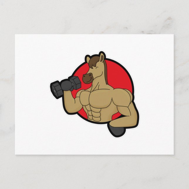 Pferd als Bodybuilder mit Hantel Postkarte (Vorderseite)