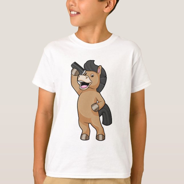 Pferd als Friseur mit Kamm T-Shirt (Vorderseite)