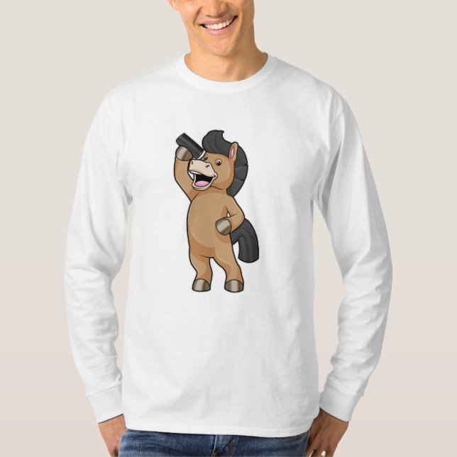 Pferd als Friseur mit Kamm T-Shirt (Vorderseite)