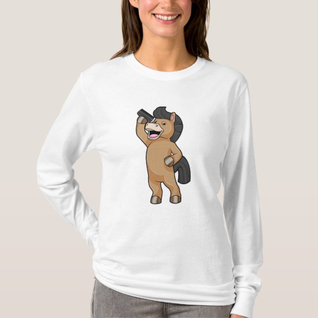 Pferd als Friseur mit Kamm T-Shirt (Vorderseite)