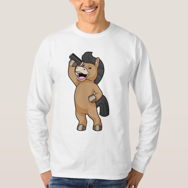 Pferd als Friseur mit Kamm T-Shirt (Vorderseite)