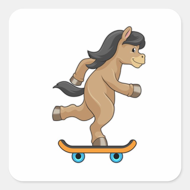 Pferd als Skater mit Skateboard Quadratischer Aufkleber (Vorderseite)