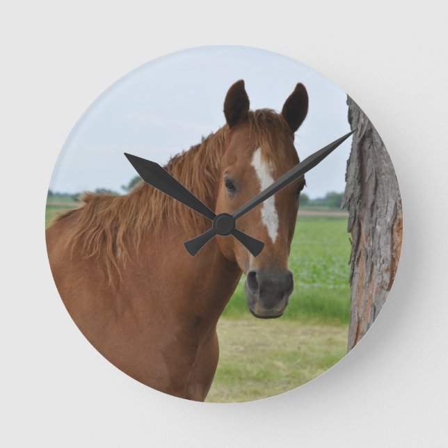 Pferd am Baum Runde Wanduhr (Vorderseite)
