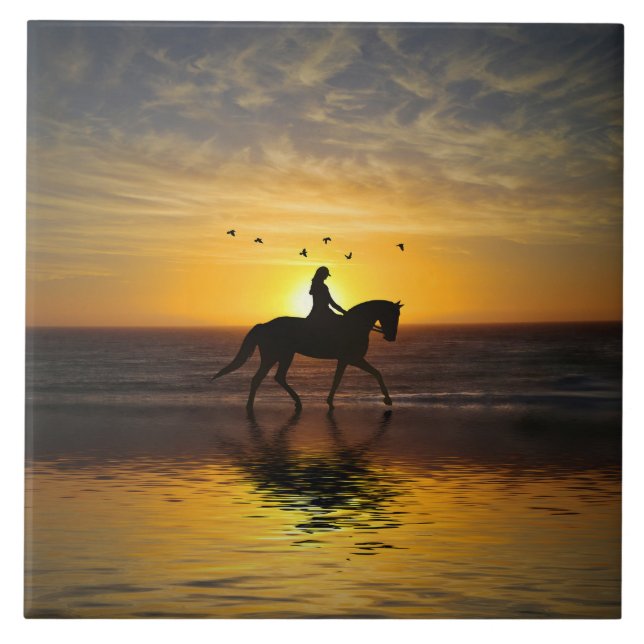 Pferd am Strand bei Sunset Riding Fliese (Vorderseite)