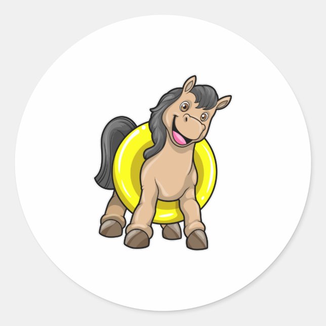 Pferd am Strand mit Schwimmring Runder Aufkleber (Vorderseite)