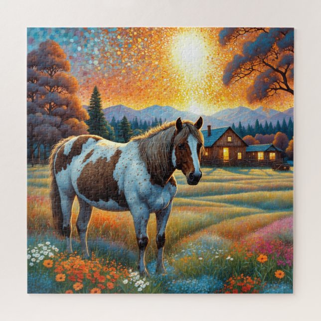 Pferd auf Bauernhof Wildblumenwiese Puzzle (Horizontal)