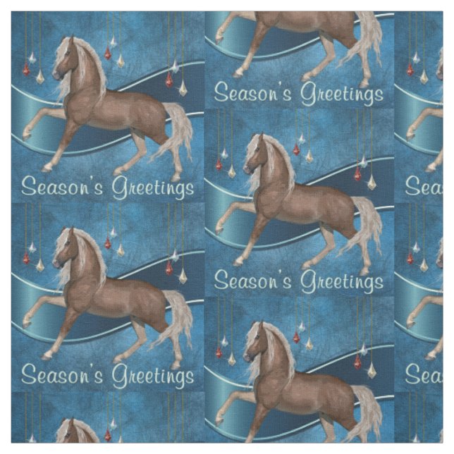 Pferd auf Blau mit Ornaments Jahresgrüße Stoff (Muster)