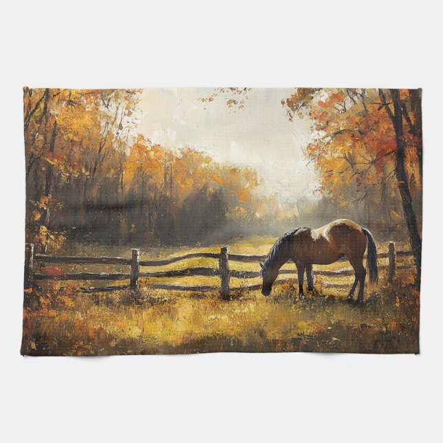 Pferd auf dem Feld Goldene Stunde Malerei Geschirrtuch (Horizontal)