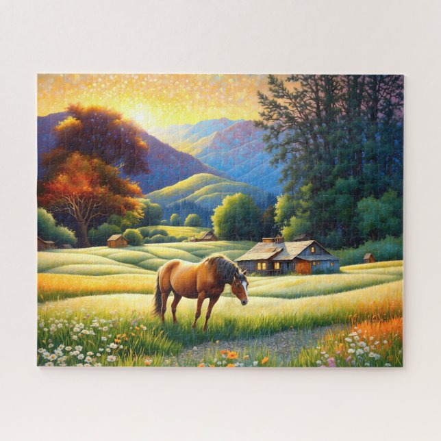 Pferd auf der Farm Wildblumenwiese Puzzle (Horizontal)