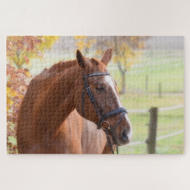 Pferd auf einem Herbstfeld mit fallenden Blätter Puzzle (Horizontal)