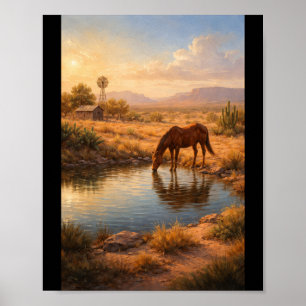 Pferd beim Trinken an einem kleinen Teich Poster