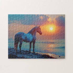 Pferd beobachten Sonnenuntergang am Meer Puzzle
