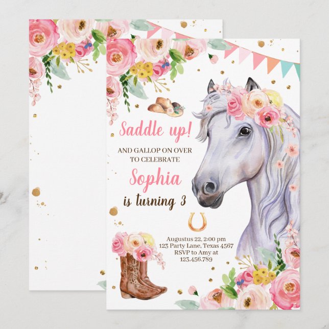 Pferd Birthday Invite Girl Cowgirl Pink Floral Einladung (Vorne/Hinten)