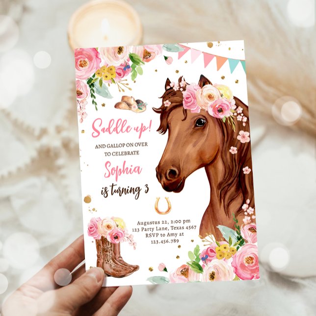 Pferd Birthday Invite Girl Cowgirl Pink Floral Einladung (Von Creator hochgeladen)