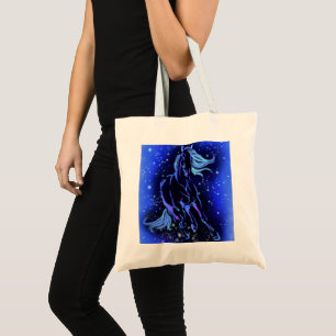 Pferd, das auf dem Blue Starry Night Tote Bag läuf Tragetasche
