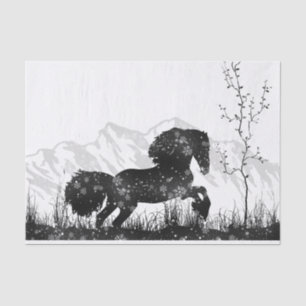 Pferd, das durch den Schnee-Winter-Berg stürmt Seidenpapier