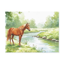 Pferd Fluss Friedliche Aquarell-Natur-Postkarte