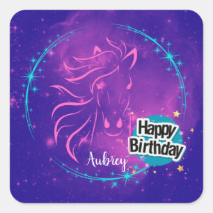 Pferd Galaxy Alles Gute zum Geburtstag Personalisi Quadratischer Aufkleber