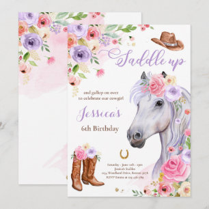 Pferd Geburtstagsparty Cowgirl Lilac Floral Geburt Einladung
