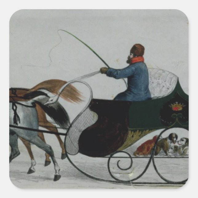 Pferd Gezeichnet Sleigh Quadratischer Aufkleber (Vorderseite)