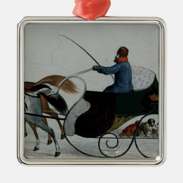 Pferd gezeichneter Sleigh Silbernes Ornament (Vorne)
