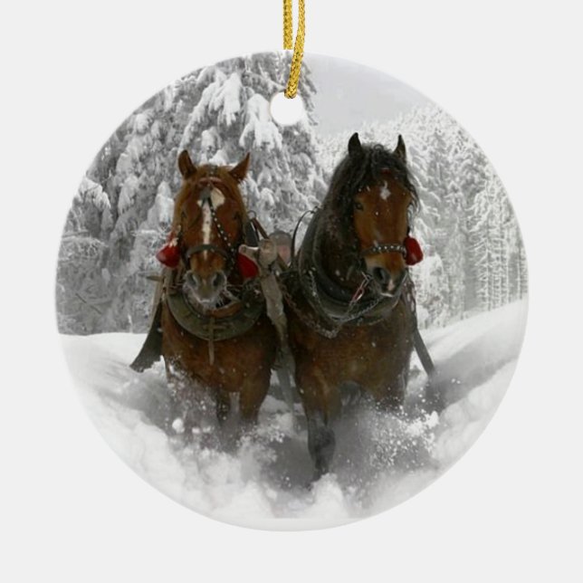 Pferd gezeichnetes Sleighweihnachten Keramikornament (Vorne)