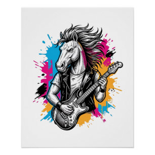 Pferd Gitarre Spieler Vintage Gravur T-Shirt Desi Poster