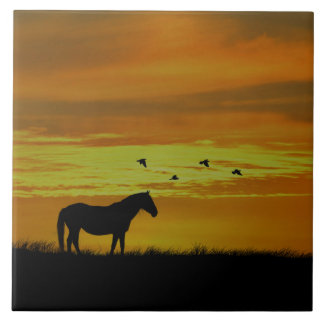 Pferd im goldenen Sonnenuntergang mit Vögeln Fliese