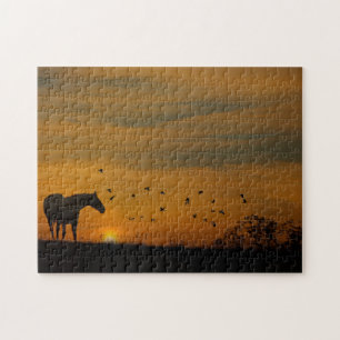 Pferd im Sonnenuntergang mit Vögeln Puzzle