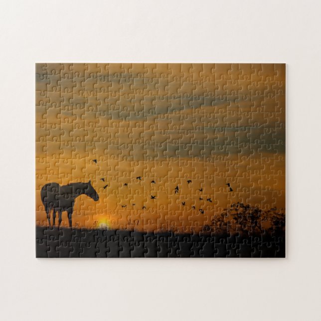 Pferd im Sonnenuntergang mit Vögeln Puzzle (Horizontal)