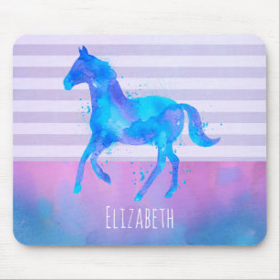 Pferd in Blau und Lila Wasserfarbe Personalisiert Mousepad