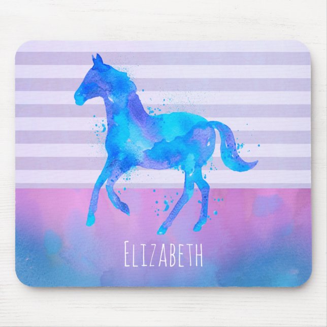 Pferd in Blau und Lila Wasserfarbe Personalisiert Mousepad (Vorne)