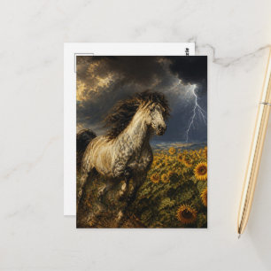 Pferd in einem Sonnenblumenfeld während eines Gewi Postkarte