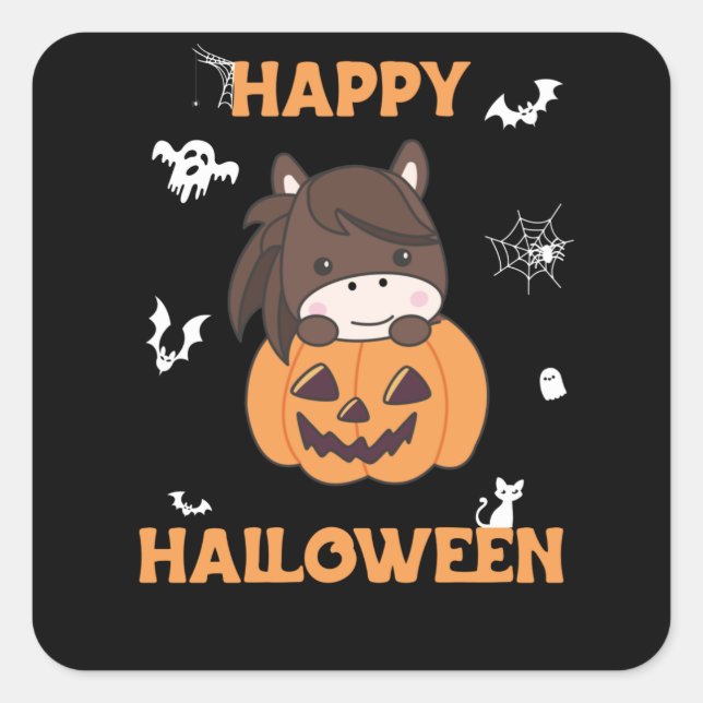Pferd in Pumpkin Sweet Horses Happy Halloween Quadratischer Aufkleber (Vorderseite)
