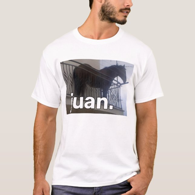 Pferd Juan Meme auf Balcony T-Shirt (Vorderseite)