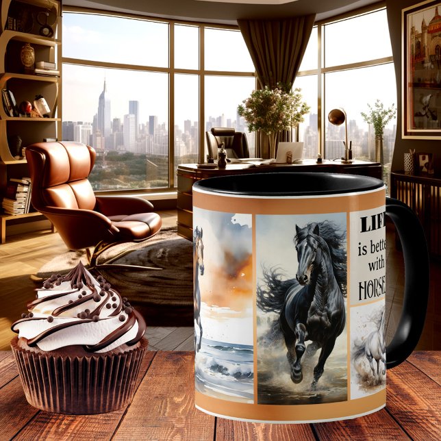 Pferd Lover Custom Foto Kaffee Tasse (Elegant horse lover mug featuring your custom photos on a gold brown design)