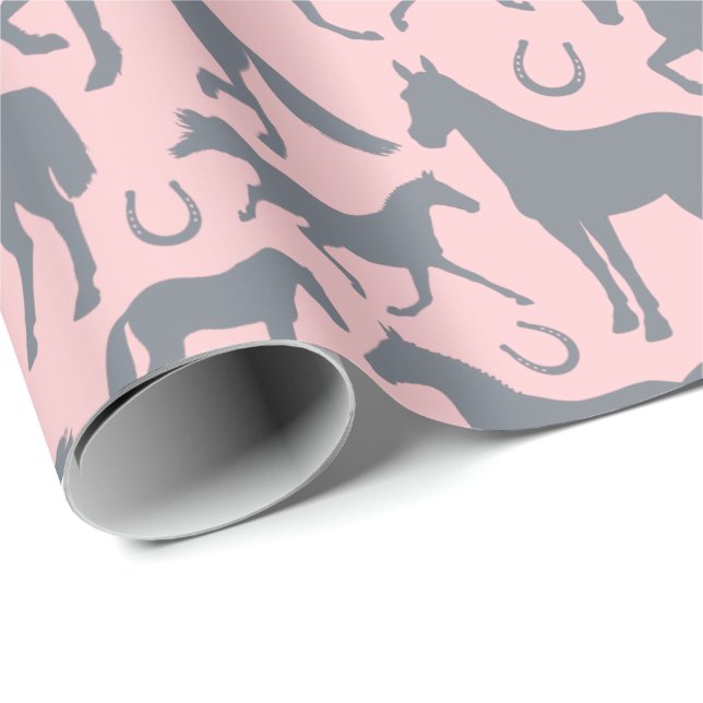 Pferd Lover Pink und Grau Pferde und Ponies Geschenkpapier (Rolleneckpunkt)