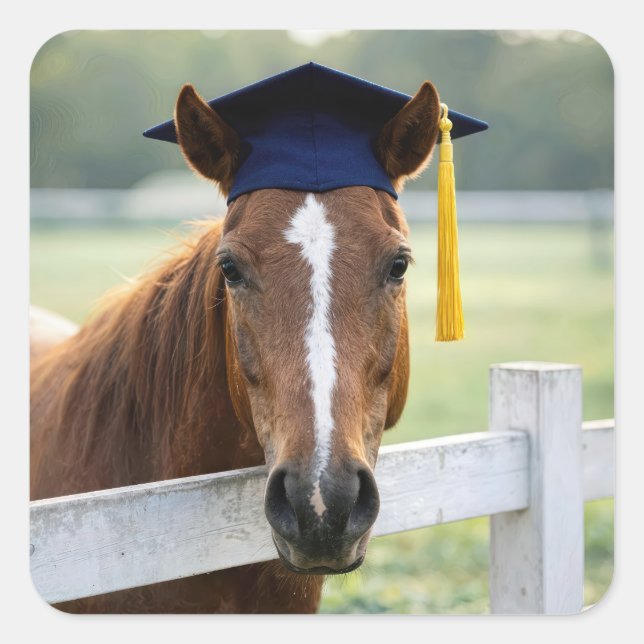 Pferd mit Abschlussmütze Quadratischer Aufkleber (Vorderseite)