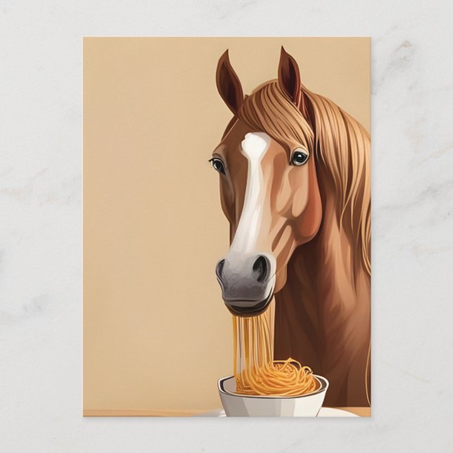 Pferd mit einer Schüssel Spaghetti Postkarte (Vorderseite)